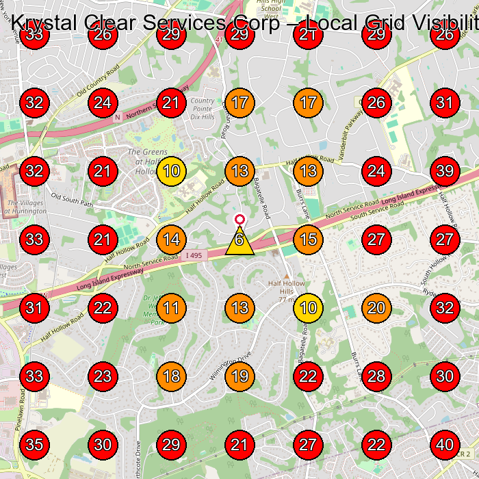 Krystal Clear Services Corp GeoGrid visibility map for Commercial Cleaning Service in 145 Pinelawn Rd
